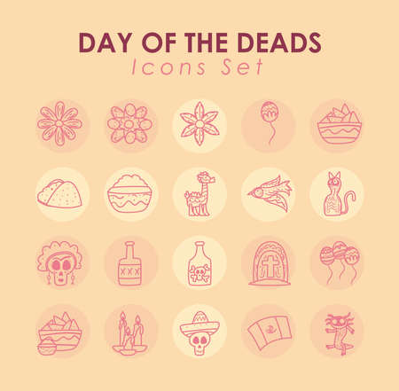 Mexican day of deads free form line style collection of icons design, Mexico culture theme Vector illustrationのイラスト素材