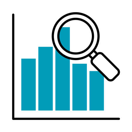 graphic bar chart with magnifying glass icon over white background, half line half color style, vector illustrationのイラスト素材
