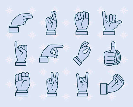 hand signs icon set over purple background, line style, vector illustrationのイラスト素材