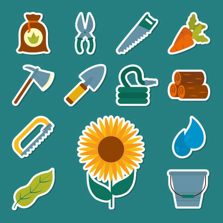 sunflower and gardening icon set over turquoise background, flat style, vector illustrationのイラスト素材