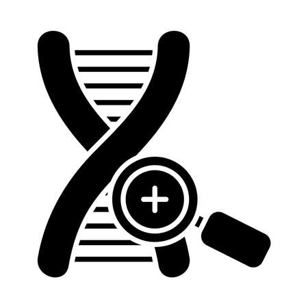 Dna and magnifying glass with cross icon over white background, silhouette style, vector illustrationのイラスト素材