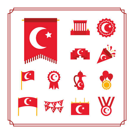 icon set of turkey republic day and teapot over white background, flat style, vector illustrationのイラスト素材