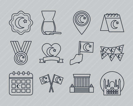 calendar and turkey republic day icon set over gray background, line style, vector illustrationのイラスト素材