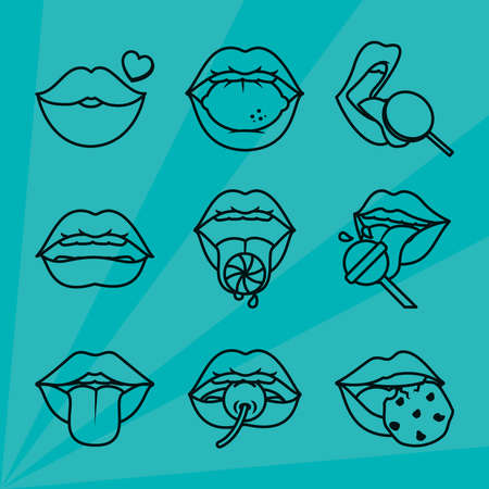pop art lips and mouth icon set over blue background, line style, vector illustrationのイラスト素材