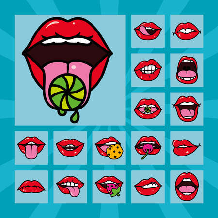 pop art mouth and sexy lips icon set over blue background, line and fill style, vector illustrationのイラスト素材