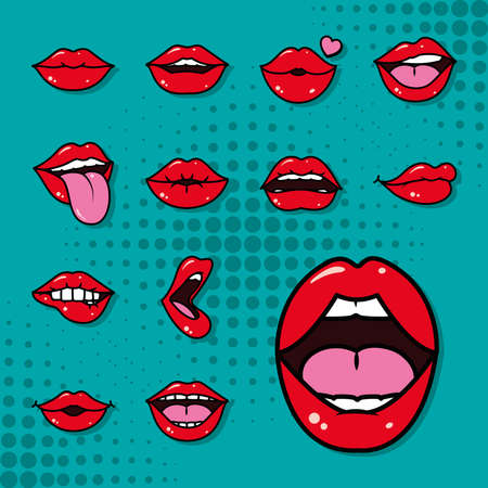 pop art mouth and lips icon set over turquoise background, line and fill style, vector illustrationのイラスト素材