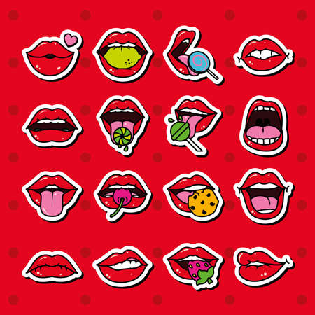 pop art lips with candies icon set over red background, line and fill style, vector illustrationのイラスト素材