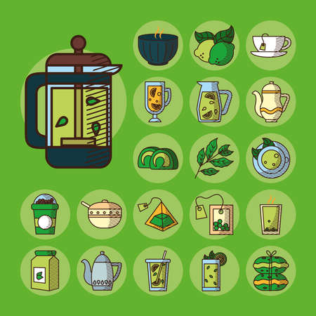 lemons and tea icon set over green background, hand draw style, vector illustrationのイラスト素材