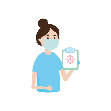 cartoon doctor woman holding a clipboard with coronavirus icon over white background, flat style, vector illustrationのイラスト素材
