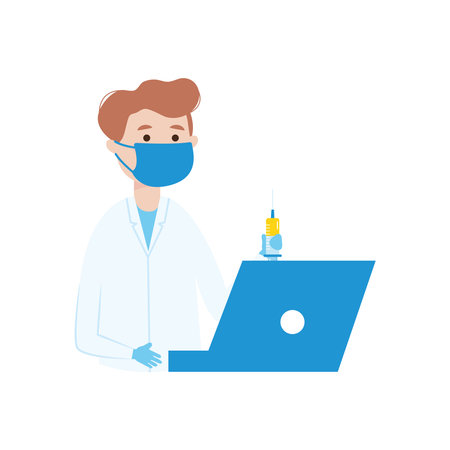 cartoon doctor man holding a syringe and laptop computer over white background, flat style, vector illustrationのイラスト素材