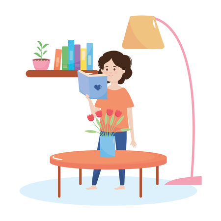 quarantine concept, cartoon girl reading a book in the house over white background, colorful design, vector illustrationのイラスト素材