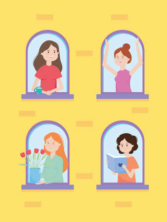 quarantine concept, houses windows with happy women, colorful design, vector illustrationのイラスト素材