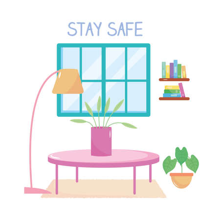 stay safe concept, house living room with plants and books shelves over white background, colorful design, vector illustrationのイラスト素材