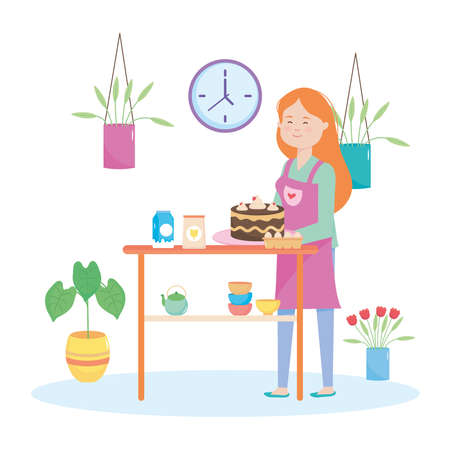 quarantine concept, happy woman holding a cake with plants around over white background, colorful design, vector illustrationのイラスト素材