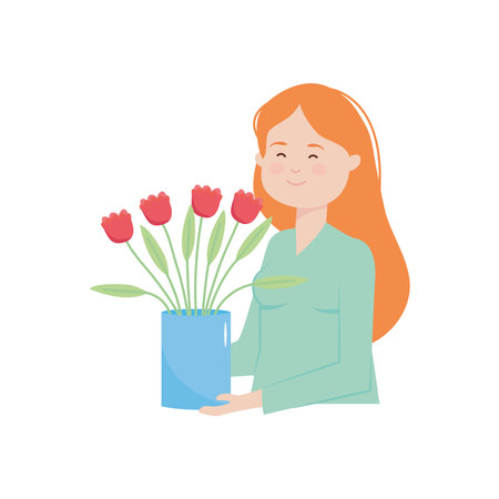 cartoon woman holding a vase with flowers over white background, flat style, vector illustrationのイラスト素材