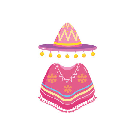 icon of mexican hat and poncho over white background, flat style, vector illustrationのイラスト素材