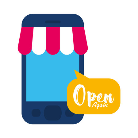 smartphone with store tent and speech bubble with open again lettering design over white background, flat style, vector illustrationのイラスト素材