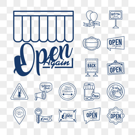 icon set of we are open signs and medical mask over white background, line style, vector illustrationのイラスト素材