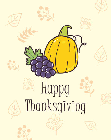 happy thanksgiving day grapes and pumpkin line and fill style icon design, Autumn season theme Vector illustrationのイラスト素材