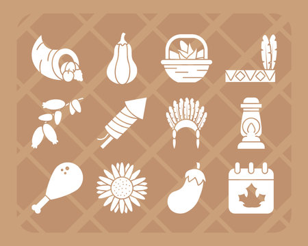 chicken thigh and thanksgiving icon set over brown background, silhouette style, vector illustrationのイラスト素材