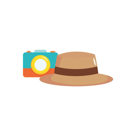photographic camera and hat over white background, flat style, vector illustrationのイラスト素材