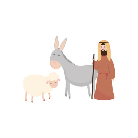 Nativity concept, Joseph with donkey and sheep over white background, flat style, vector illustrationのイラスト素材