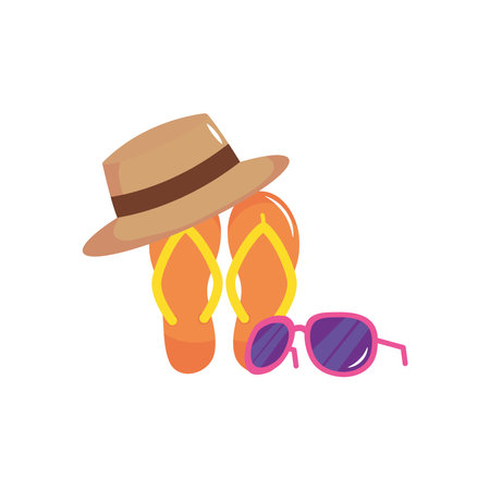 vacations concept, flip flops with sunglasses and hat over white background, flat style, vector illustrationのイラスト素材