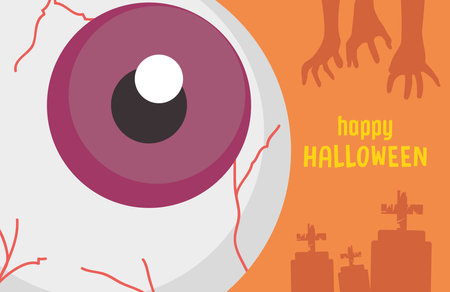 happy halloween design with scary big eye and silhouette zombie hands and graves over orange background, colorful design, vector illustrationのイラスト素材