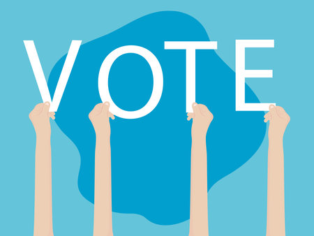 election day concept, hands holding up a letters of vote word over blue background, colorful design, vector illustrationのイラスト素材