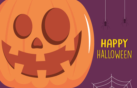 Happy halloween design with big happy pumpkin and spiders hanging over purple background, vector illustrationのイラスト素材