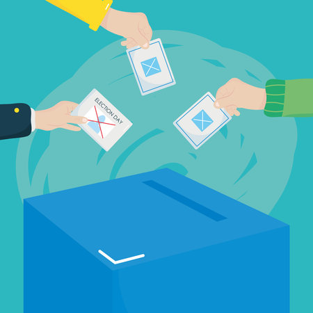 election day concept, hands holding a election vote papers and ballot box over blue background, colorful design, vector illustrationのイラスト素材