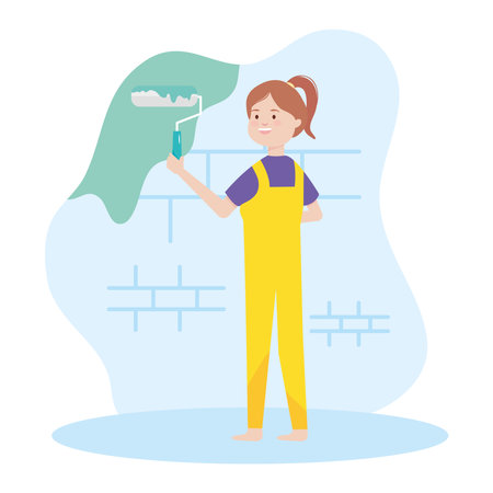 painter worker woman paints the wall with paint roller vector illustration remodelingのイラスト素材