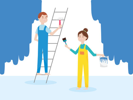 man on ladder with hammer and girl with paint brush and bucket vector illustration remodelingのイラスト素材