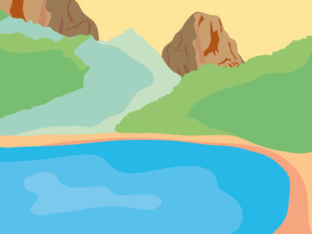 lake around of rockey and valley mountains landscape, colorful design, vector illustrationのイラスト素材