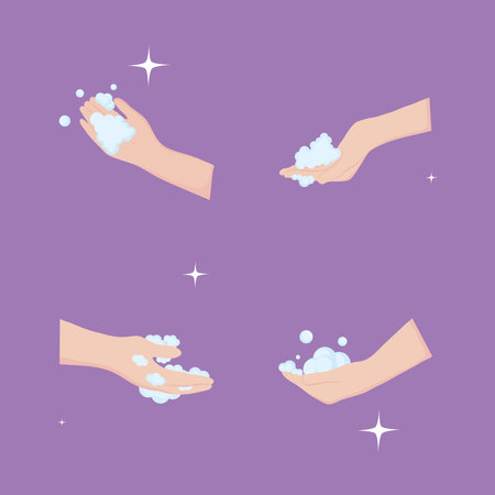 global handwashing day, hands with bubbles washing icons purple background vector illustrationのイラスト素材