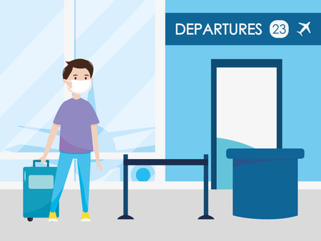 airport new normal, man with mask and suitcase, check in point keep distance vector illustrationのイラスト素材