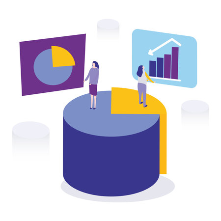 business women standing on pie diagram and report statistics infochart vector illustrationのイラスト素材
