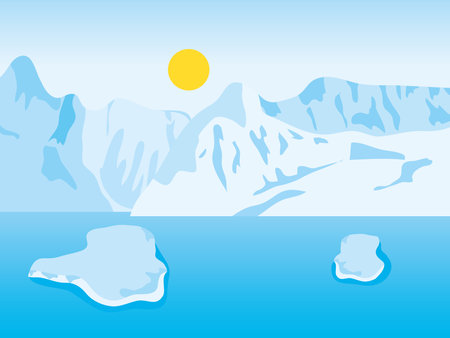 sunny arctic landscape with iceberg mountains and blocks floating on the ocean, colorful design, vector illustrationのイラスト素材