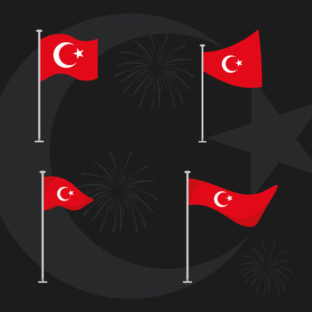 29 ekim Cumhuriyet Bayrami kutlu olsun, flags in pole national on fireworks dark background turkey republic day vector illustrationのイラスト素材