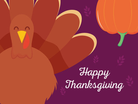 happy thanksgiving colorful design with cartoon turkey and pumpkin over purple background, vector illustrationのイラスト素材
