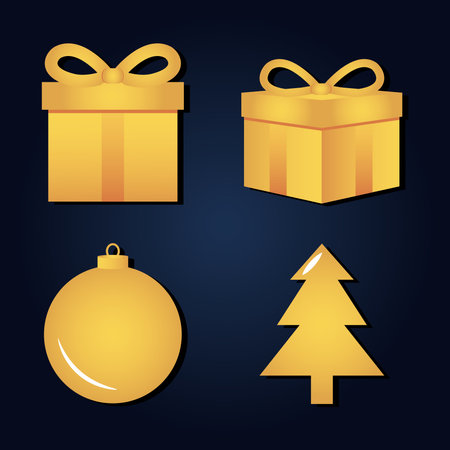 2021 happy new year gold bright gift boxes ball and tree decoration icons vector illustrationのイラスト素材