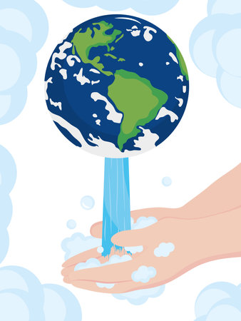 global handwashing day, planet with falling water on hands vector illustrationのイラスト素材