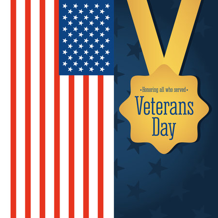 happy veterans day, golden medal on american flag card vector illustrationのイラスト素材