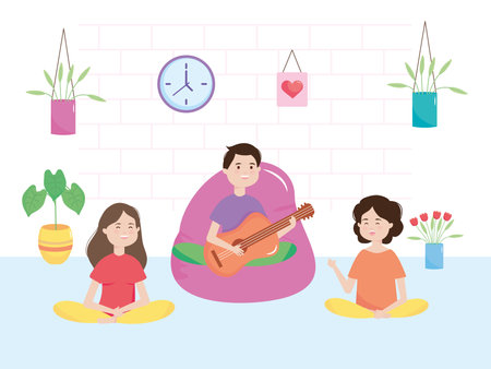 stay safe, happy people playing music and relaxing, during quarantine vector illustrationのイラスト素材