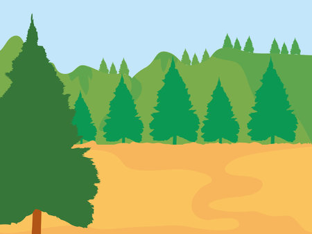 Forest landscape with pine trees, colorful design, vector illustrationのイラスト素材