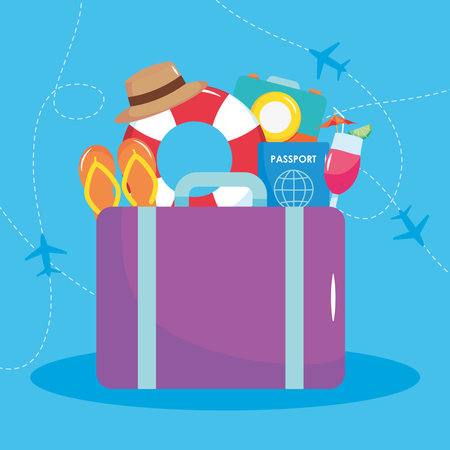 summer vacation travel, suitcase float passport cocktail camera sandals vector illustrationのイラスト素材