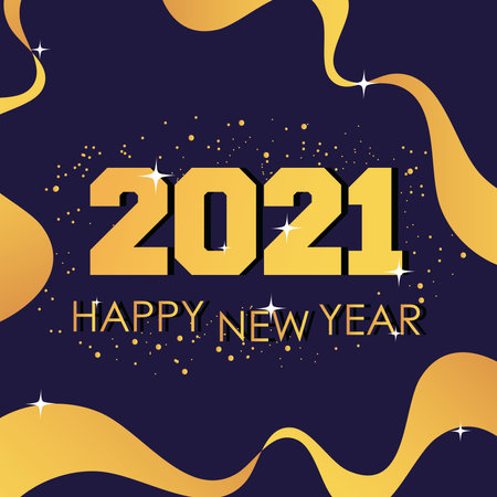 2021 happy new year golden number text waving ribbon vector illustrationのイラスト素材