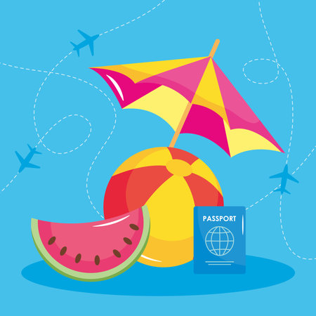 summer vacation travel, beach ball umbrella passport watermelon card vector illustrationのイラスト素材