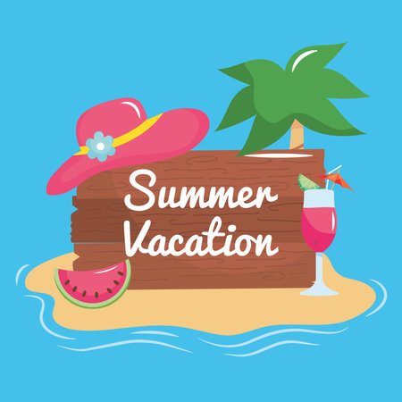 summer vacation travel, wood lettering hat cocktail watermelon and palm vector illustrationのイラスト素材
