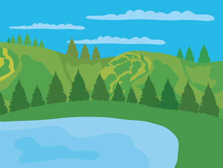 lake and valley mountains pine trees landscape, colorful design, vector illustrationのイラスト素材